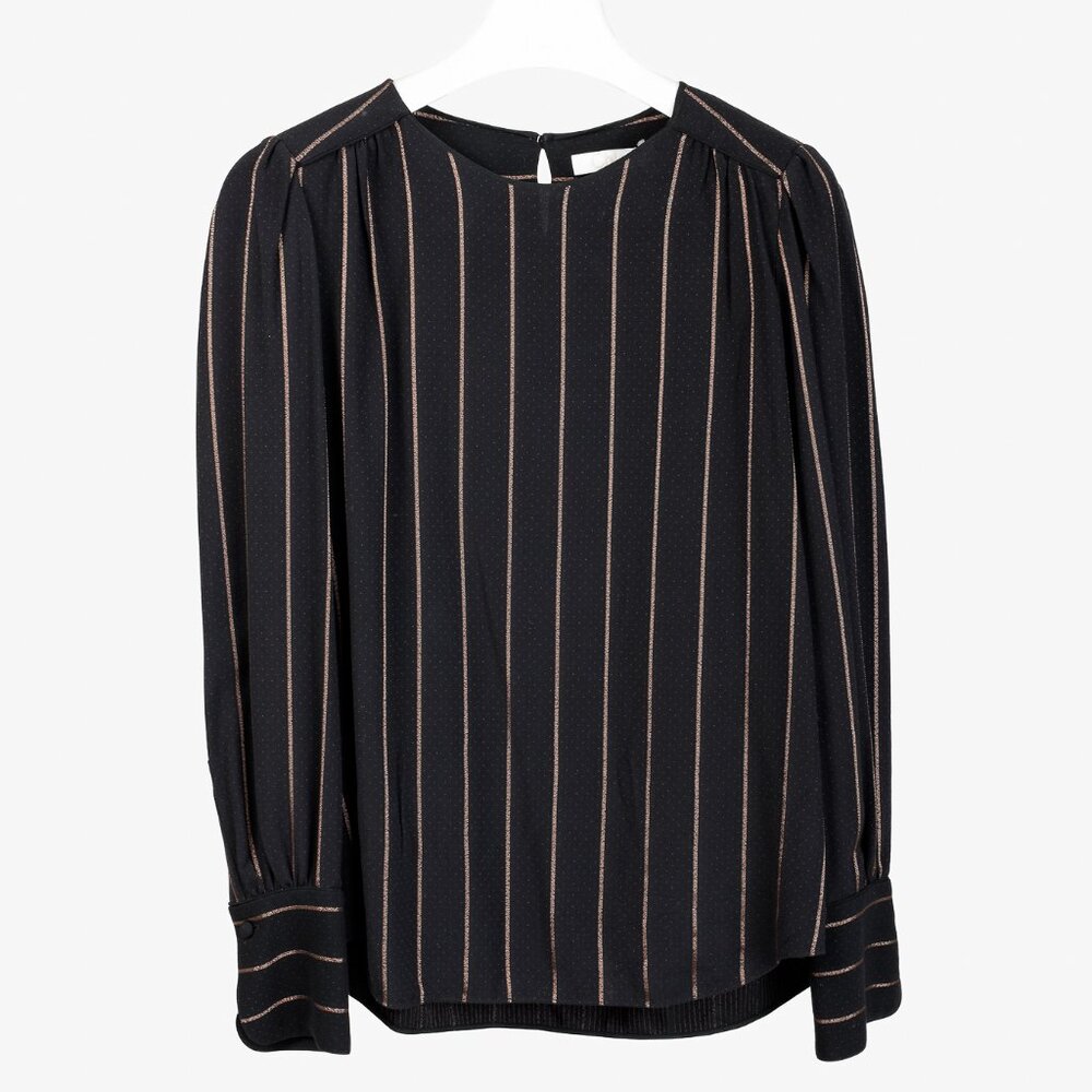 Chloe PF/17 Black Copper Microdots & Stripes Viscose Long-Sleeve Blouse